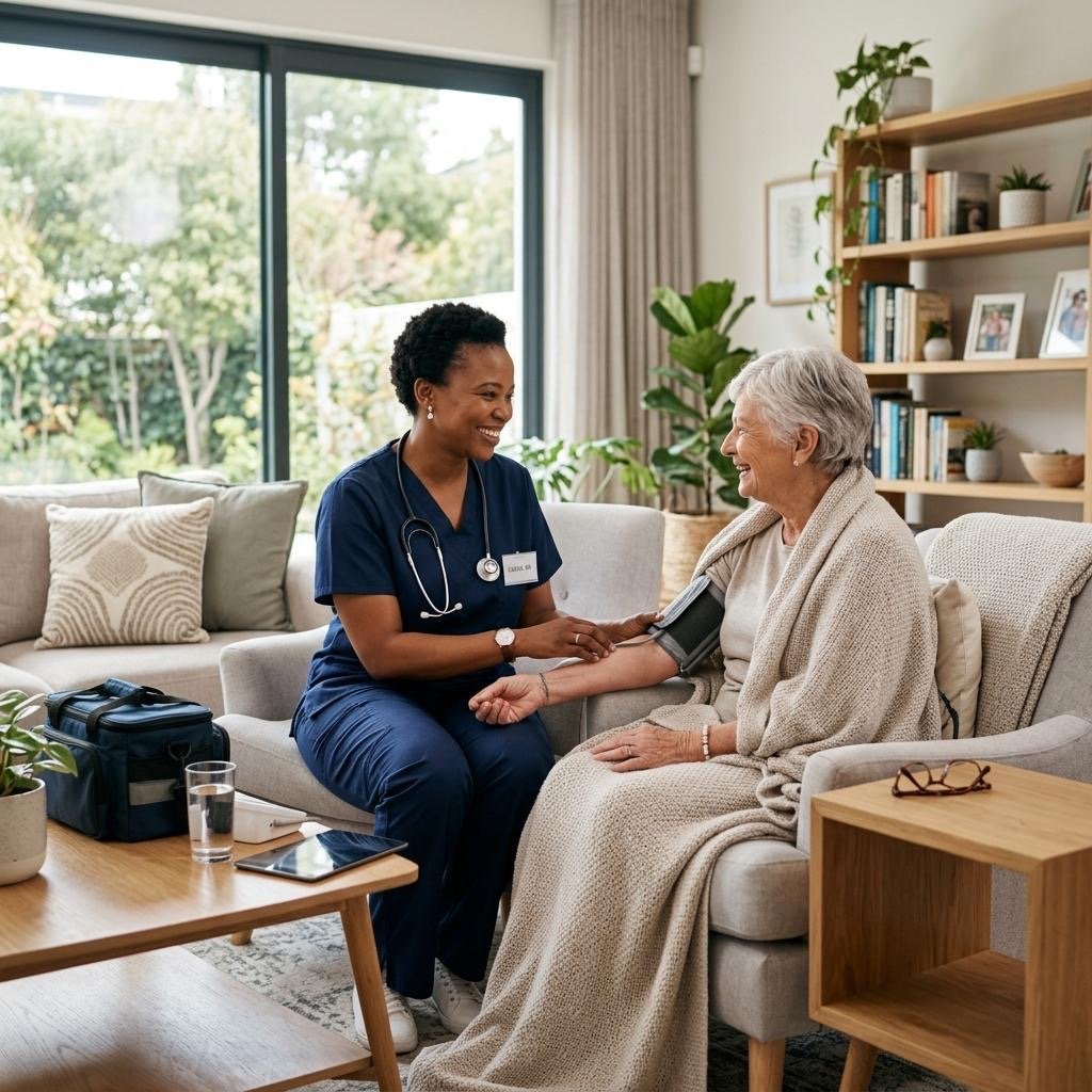 Home health nurse checking an older woman's blood pressure during a home visit Home health nurse checking an older woman's blood pressure during a home visit