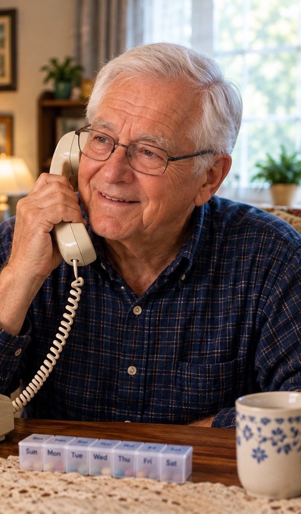 Older man smiling as he answers a medication reminder call on his landline phone at home