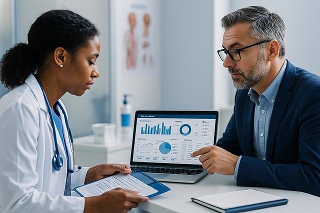 Doctor and administrator reviewing medication adherence pilot results on a laptop