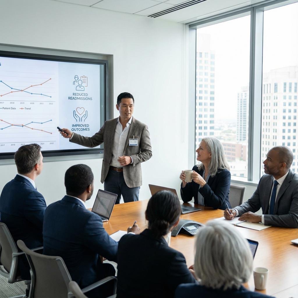 Healthcare leaders in a meeting reviewing a medication adherence program with reduced readmissions on screen Healthcare leaders in a meeting reviewing a medication adherence program with reduced readmissions on screen