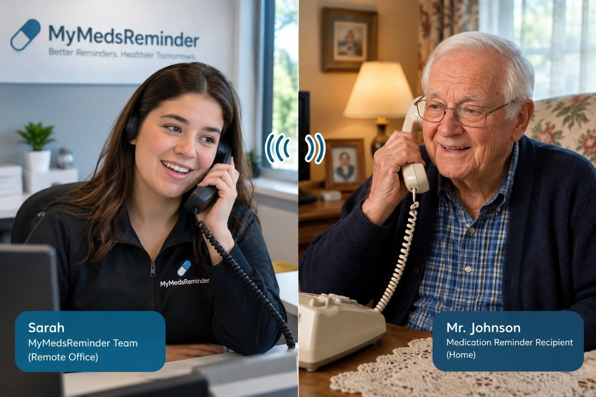 Sarah from MyMedsReminder on a reminder call with an older man answering his landline at home