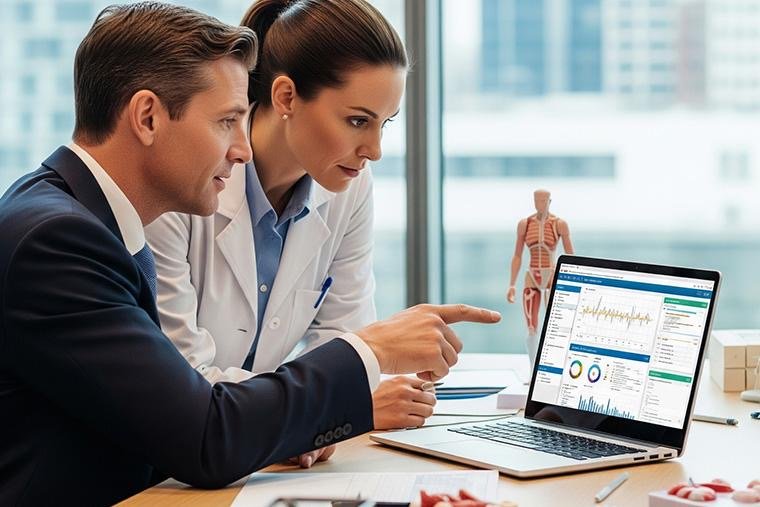 Physician and practice manager reviewing a medication reminder system dashboard on a laptop Physician and practice manager reviewing a medication reminder system dashboard on a laptop