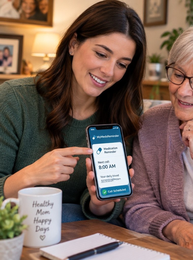 Daughter sitting with her mother on the sofa, setting up medication reminder calls on her phone