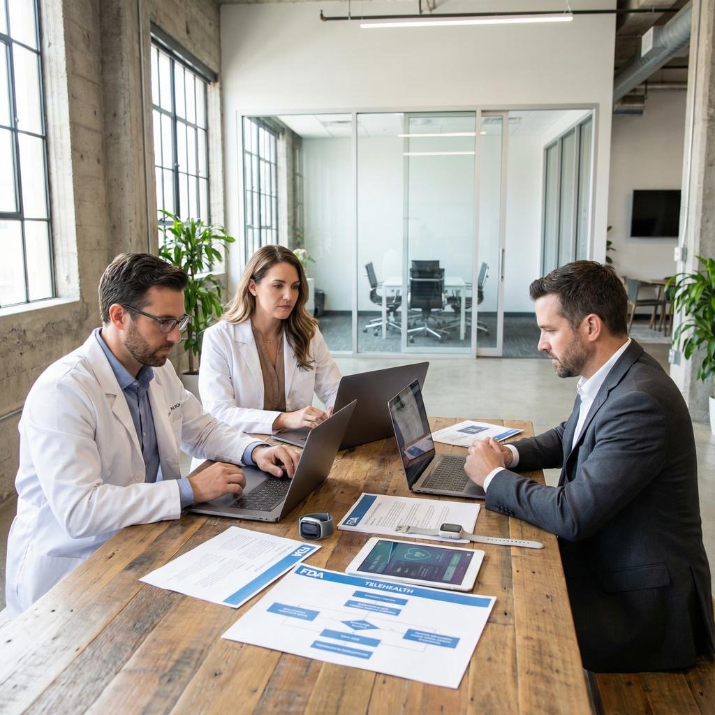 Clinical team and partner reviewing a medication therapy management program at a table Clinical team and partner reviewing a medication therapy management program at a table