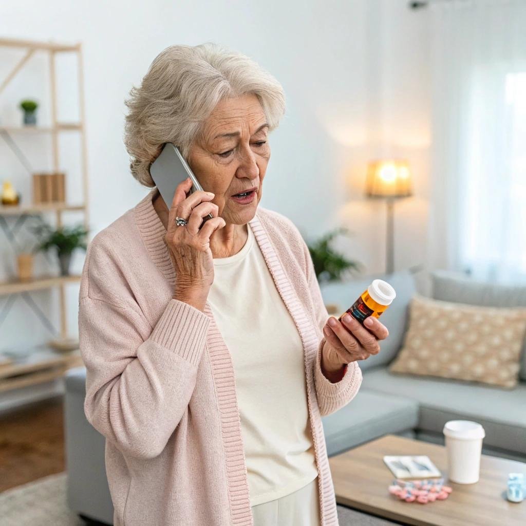 Older mother on the phone at home holding a prescription bottle, talking through her medication Older mother on the phone at home holding a prescription bottle, talking through her medication